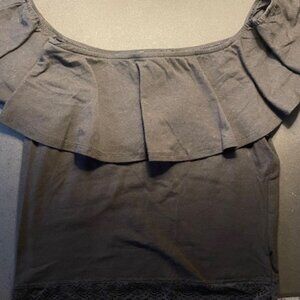 Black Off-the-Shoulder Ruffle Top with Lace Trim – Size M